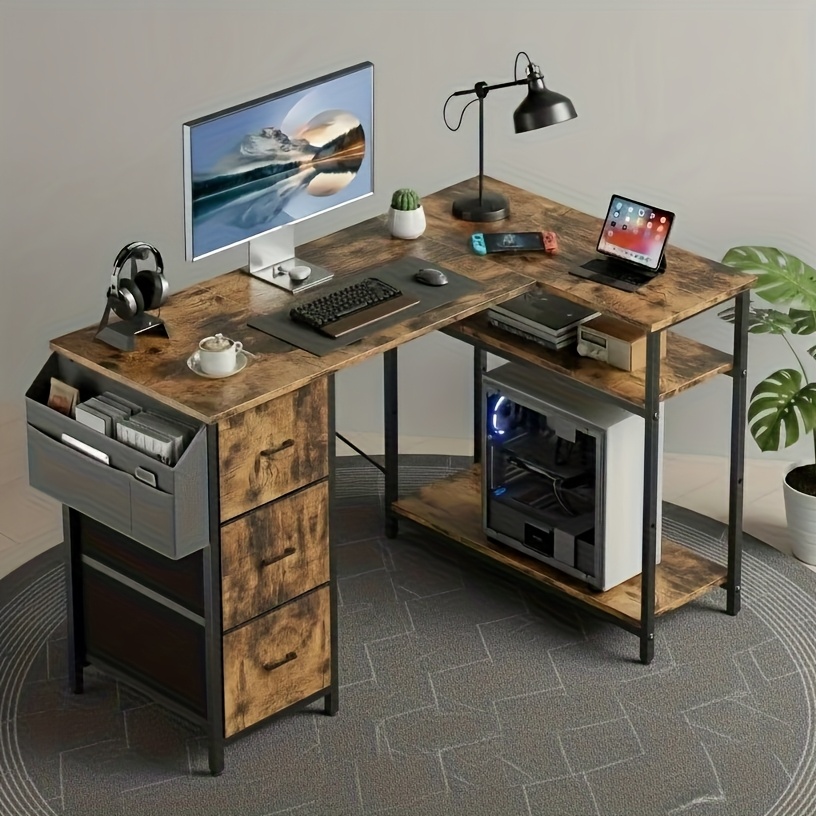 47/55inch 3 fabric drawers l shaped gaming desk for storage space saving for home office desk with a cpu stand, computer desk with side storage pockets for home corner space, easy to assemble, work & game setup station sturdy wooden structure