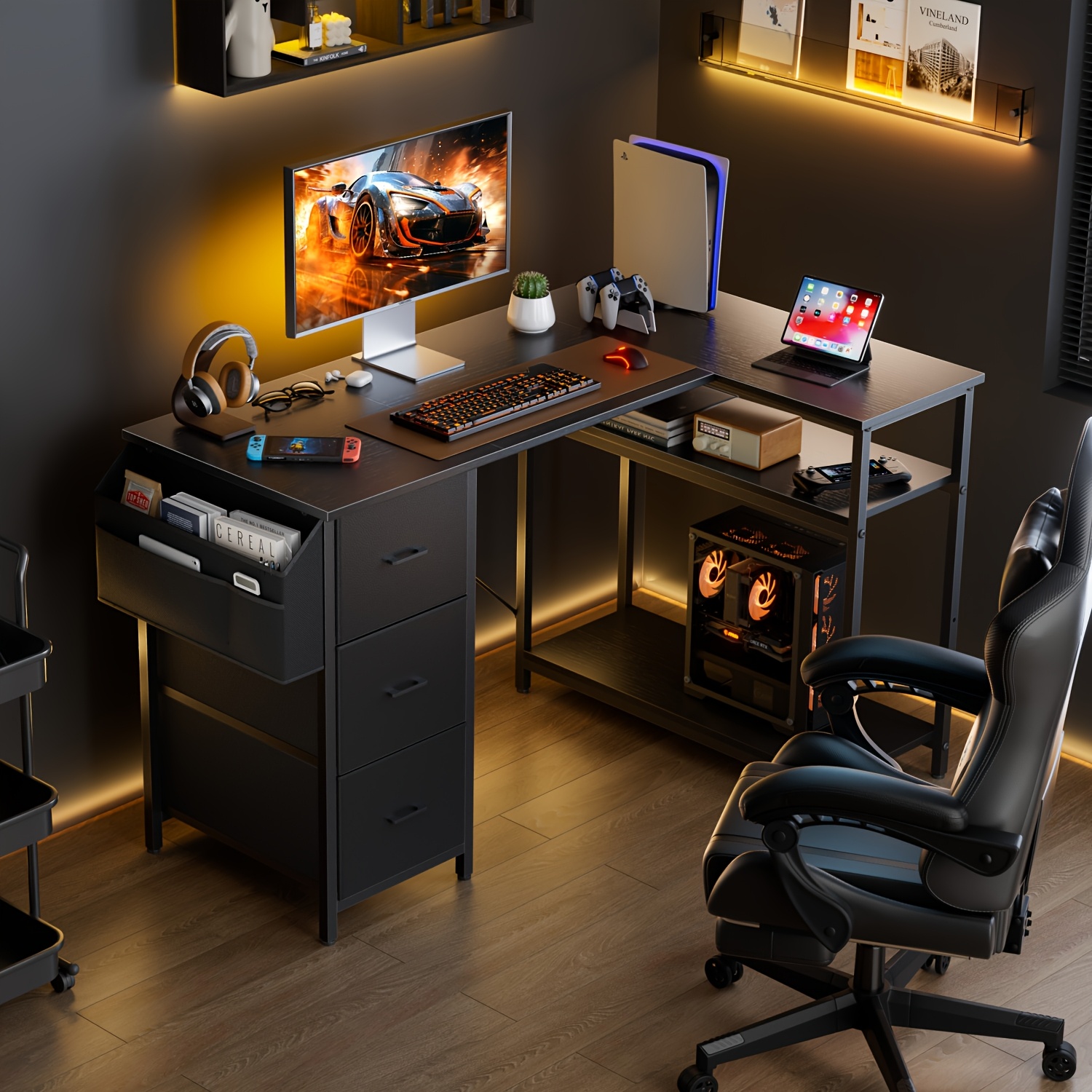 47/55inch 3 fabric drawers l shaped gaming desk for storage space saving for home office desk with a cpu stand, computer desk with side storage pockets for home corner space, easy to assemble, work & game setup station sturdy wooden structure