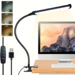 modern dimmable led desk lamp with touch control, adjustable swing arm & clamp, usb powered eye caring task light, polished black design for home office workspace, adjustable desk light | curved arm lamp | integrated usb ports, lamps for home office