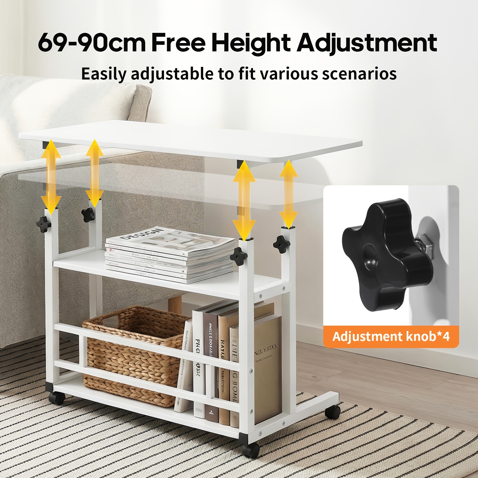 adjustable height standing desk, mobile desk with universal wheels, double layer storage, stable and comfortable, 40 x 80cm study table, sturdy and durable, easy to assemble, suitable for home office