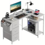 47/55inch 3 fabric drawers l shaped gaming desk for storage space saving for home office desk with a cpu stand, computer desk with side storage pockets for home corner space, easy to assemble, work & game setup station sturdy wooden structure