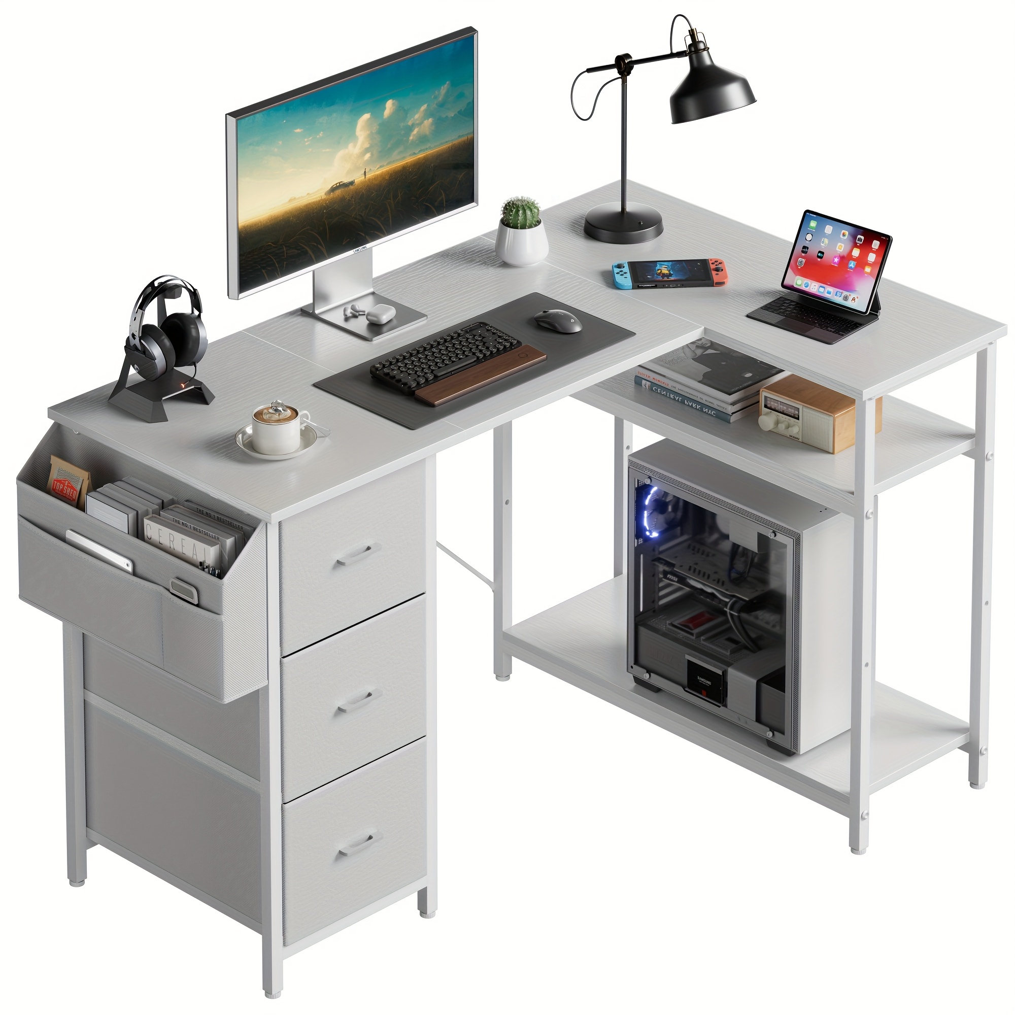 47/55inch 3 fabric drawers l shaped gaming desk for storage space saving for home office desk with a cpu stand, computer desk with side storage pockets for home corner space, easy to assemble, work & game setup station sturdy wooden structure