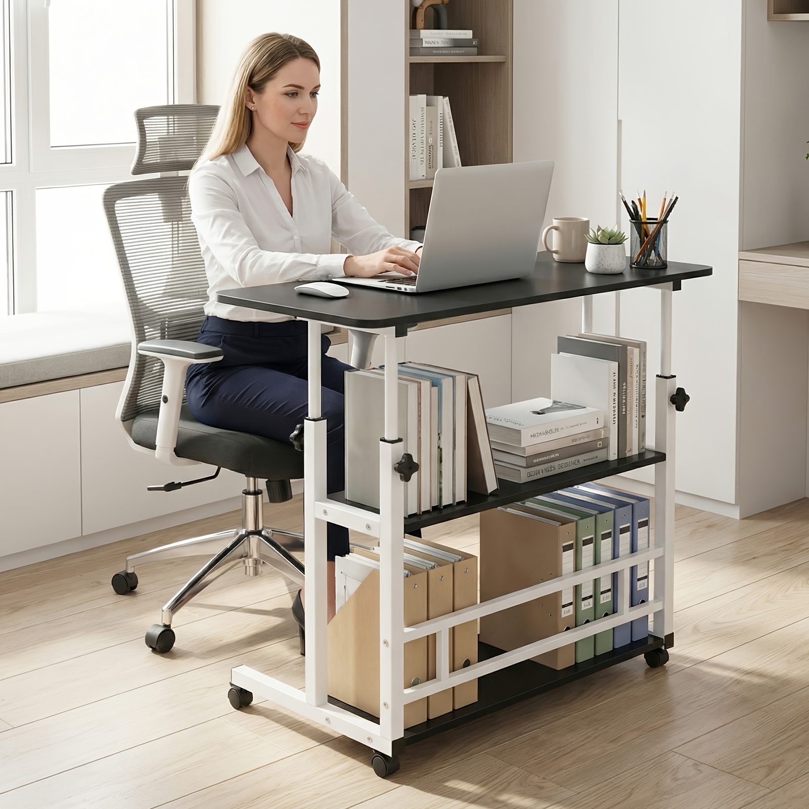 adjustable height standing desk, mobile desk with universal wheels, double layer storage, stable and comfortable, 40 x 80cm study table, sturdy and durable, easy to assemble, suitable for home office