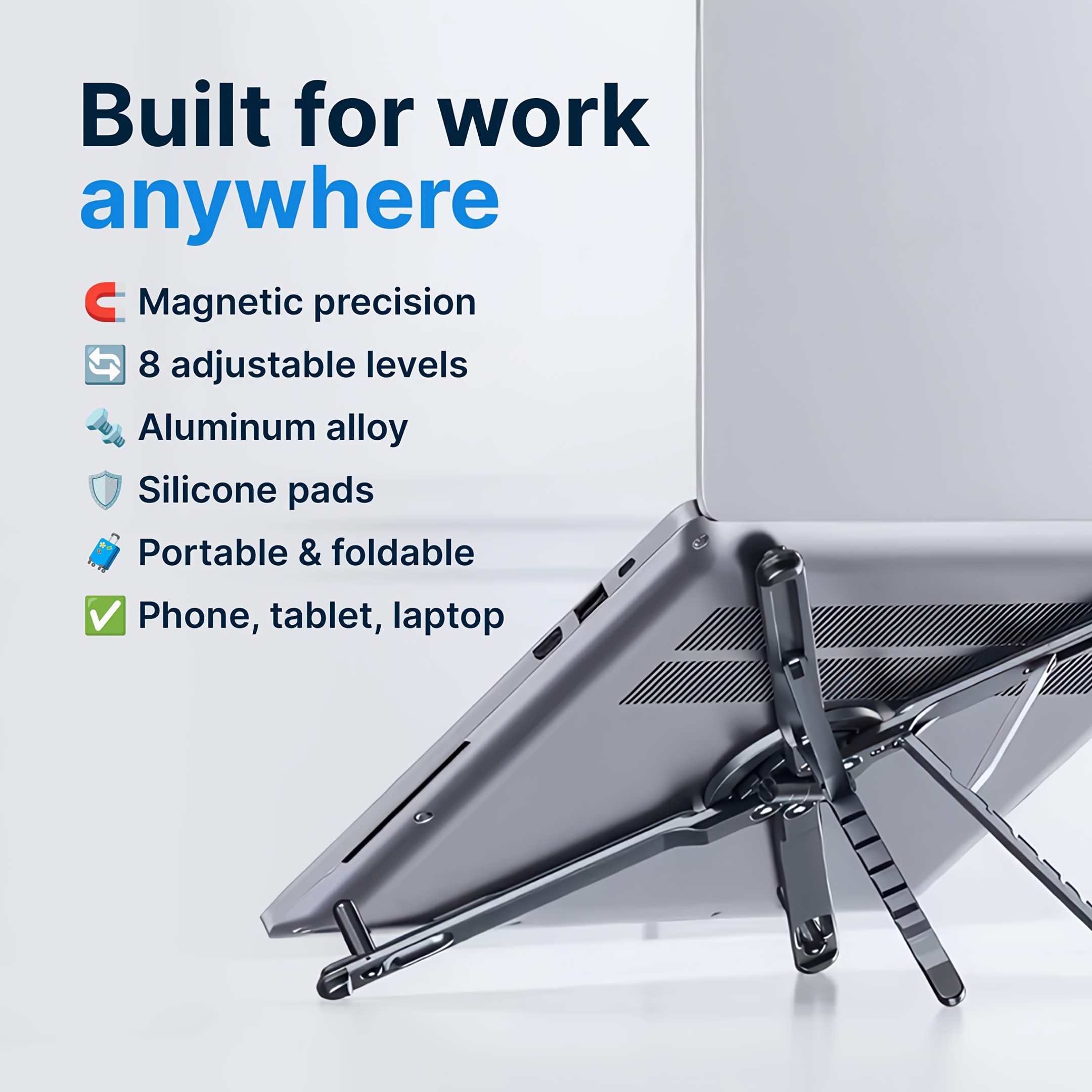 1pc 3 in 1 foldable adjustable height magnetic stand | suitable for phones, tablets, laptops, and computers, compatible with iphone/type c android connectors, offers 8 height adjustment settings, portable desktop holder, laptop desk, aluminum alloy