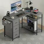 47/55inch 3 fabric drawers l shaped gaming desk for storage space saving for home office desk with a cpu stand, computer desk with side storage pockets for home corner space, easy to assemble, work & game setup station sturdy wooden structure