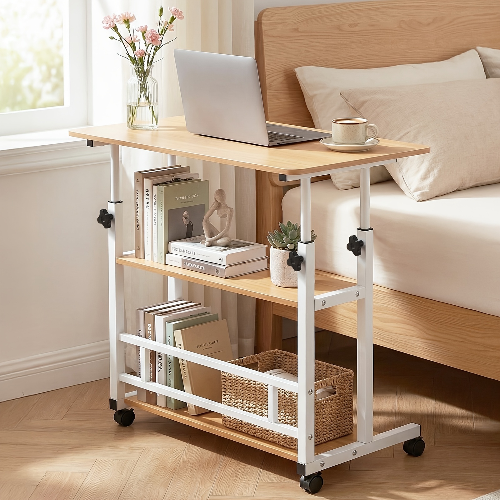 adjustable height standing desk, mobile desk with universal wheels, double layer storage, stable and comfortable, 40 x 80cm study table, sturdy and durable, easy to assemble, suitable for home office