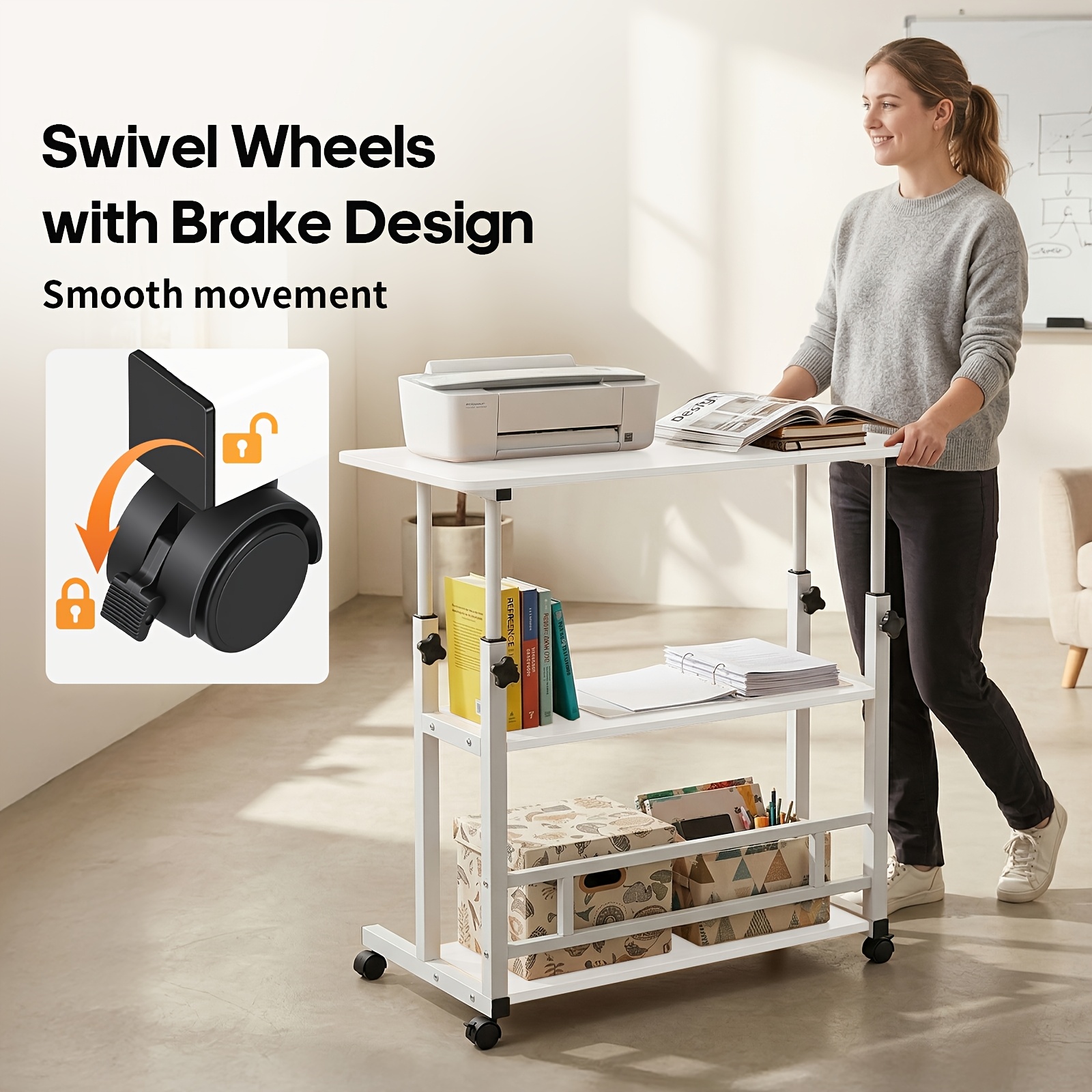 adjustable height standing desk, mobile desk with universal wheels, double layer storage, stable and comfortable, 40 x 80cm study table, sturdy and durable, easy to assemble, suitable for home office