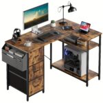 47/55inch 3 fabric drawers l shaped gaming desk for storage space saving for home office desk with a cpu stand, computer desk with side storage pockets for home corner space, easy to assemble, work & game setup station sturdy wooden structure