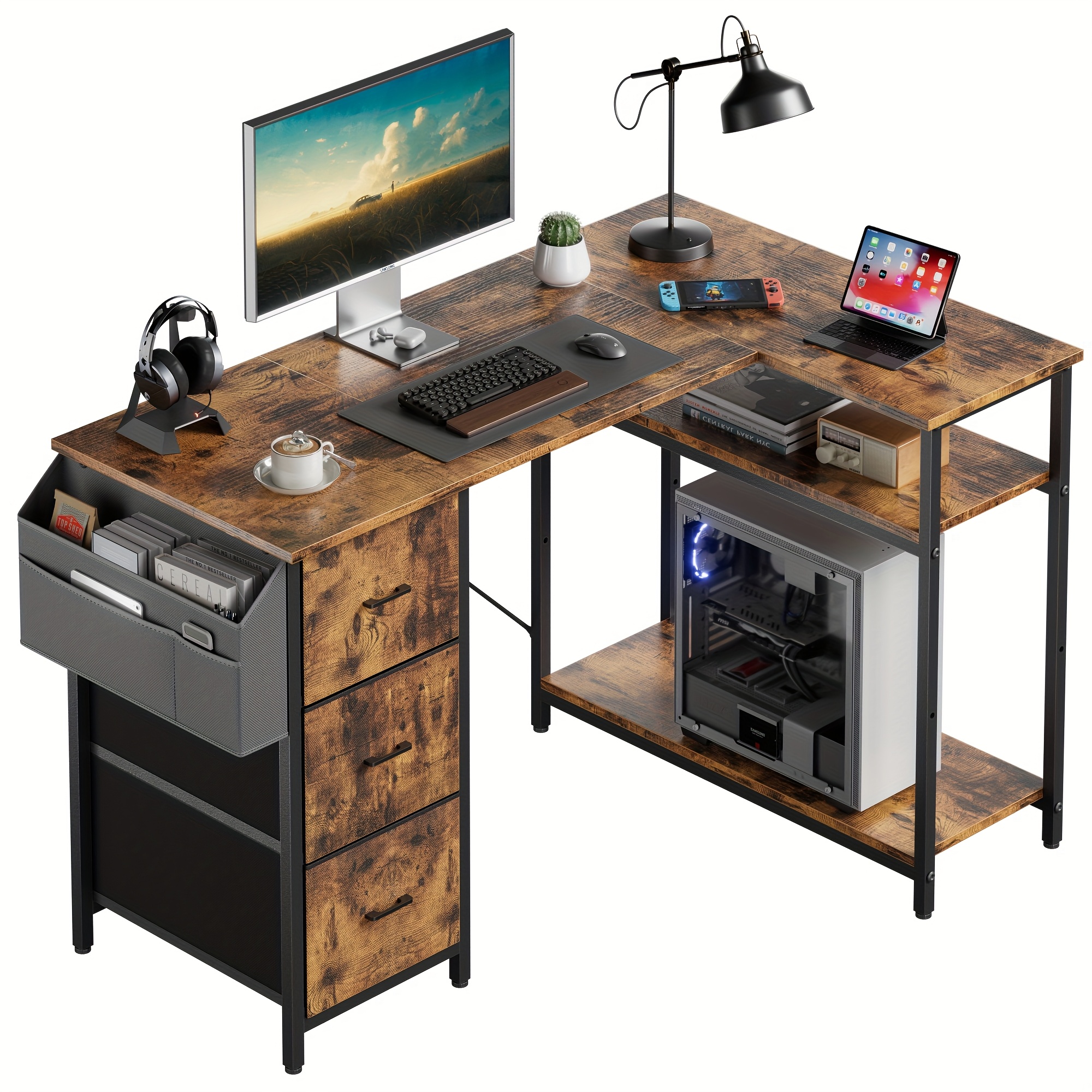 47/55inch 3 fabric drawers l shaped gaming desk for storage space saving for home office desk with a cpu stand, computer desk with side storage pockets for home corner space, easy to assemble, work & game setup station sturdy wooden structure