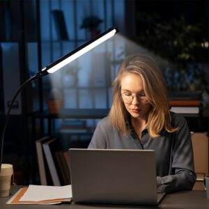 modern dimmable led desk lamp with touch control, adjustable swing arm & clamp, usb powered eye caring task light, polished black design for home office workspace, adjustable desk light | curved arm lamp | integrated usb ports, lamps for home office