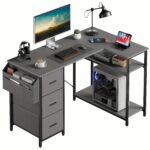 47/55inch 3 fabric drawers l shaped gaming desk for storage space saving for home office desk with a cpu stand, computer desk with side storage pockets for home corner space, easy to assemble, work & game setup station sturdy wooden structure