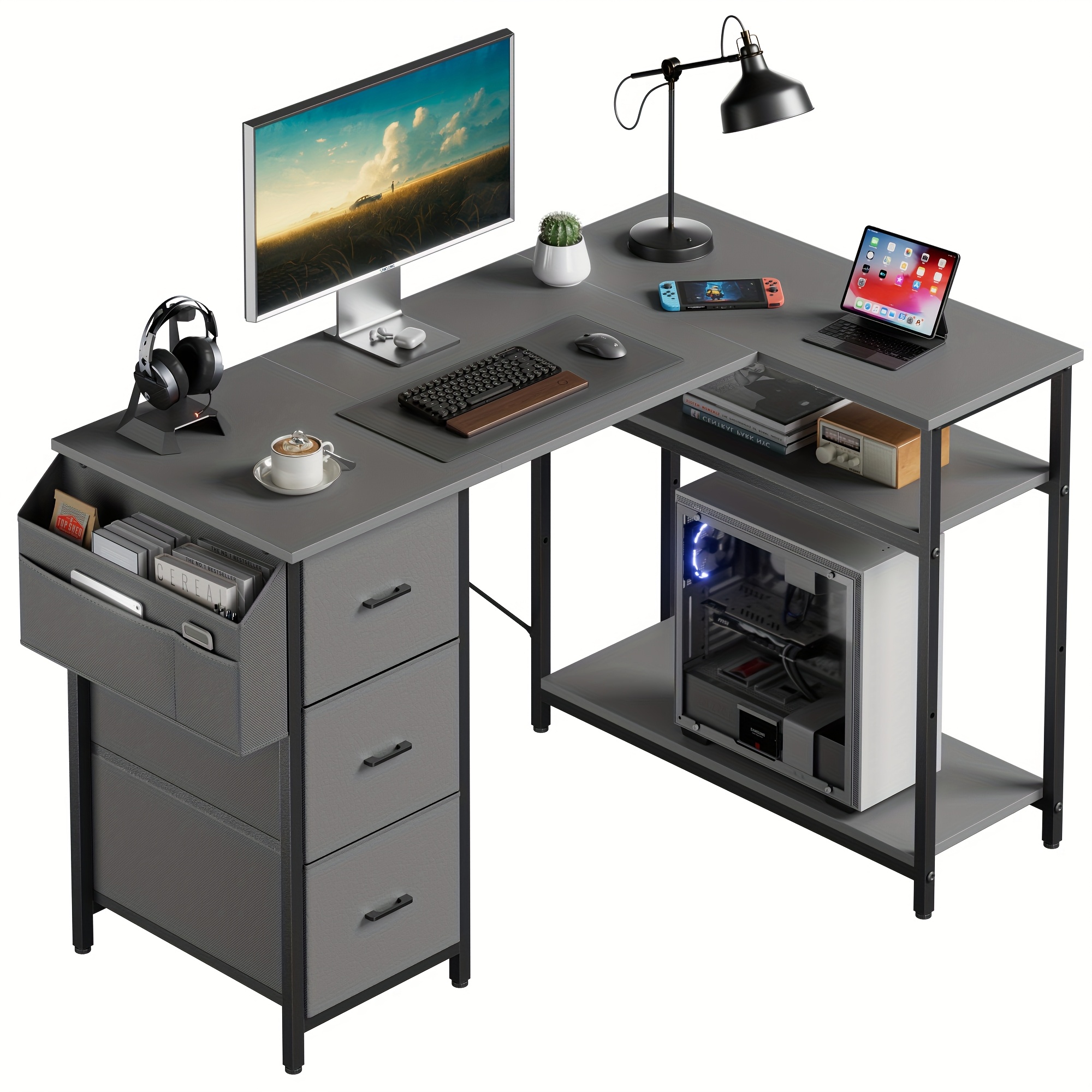 47/55inch 3 fabric drawers l shaped gaming desk for storage space saving for home office desk with a cpu stand, computer desk with side storage pockets for home corner space, easy to assemble, work & game setup station sturdy wooden structure