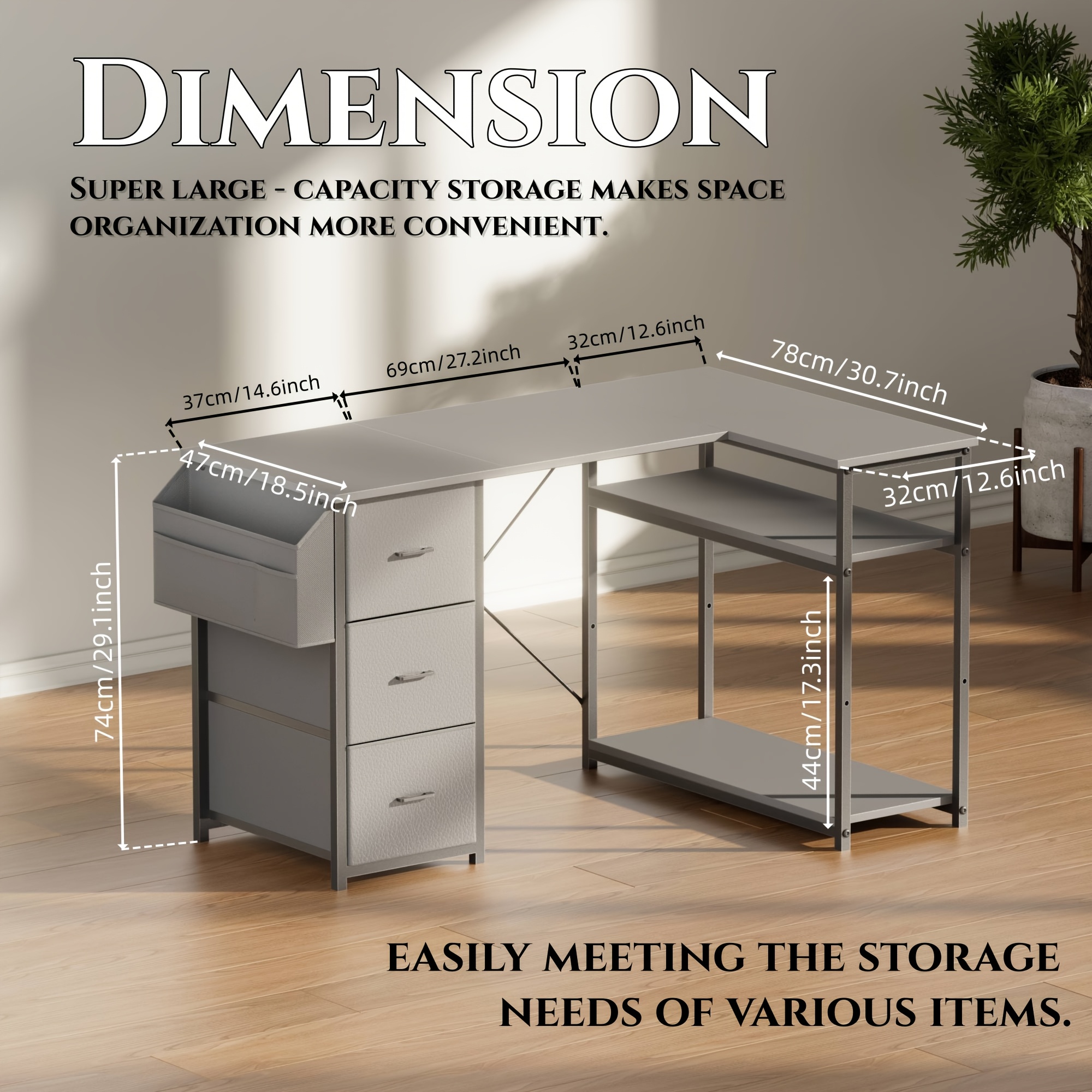 47/55inch 3 fabric drawers l shaped gaming desk for storage space saving for home office desk with a cpu stand, computer desk with side storage pockets for home corner space, easy to assemble, work & game setup station sturdy wooden structure