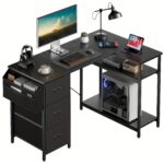 47/55inch 3 fabric drawers l shaped gaming desk for storage space saving for home office desk with a cpu stand, computer desk with side storage pockets for home corner space, easy to assemble, work & game setup station sturdy wooden structure
