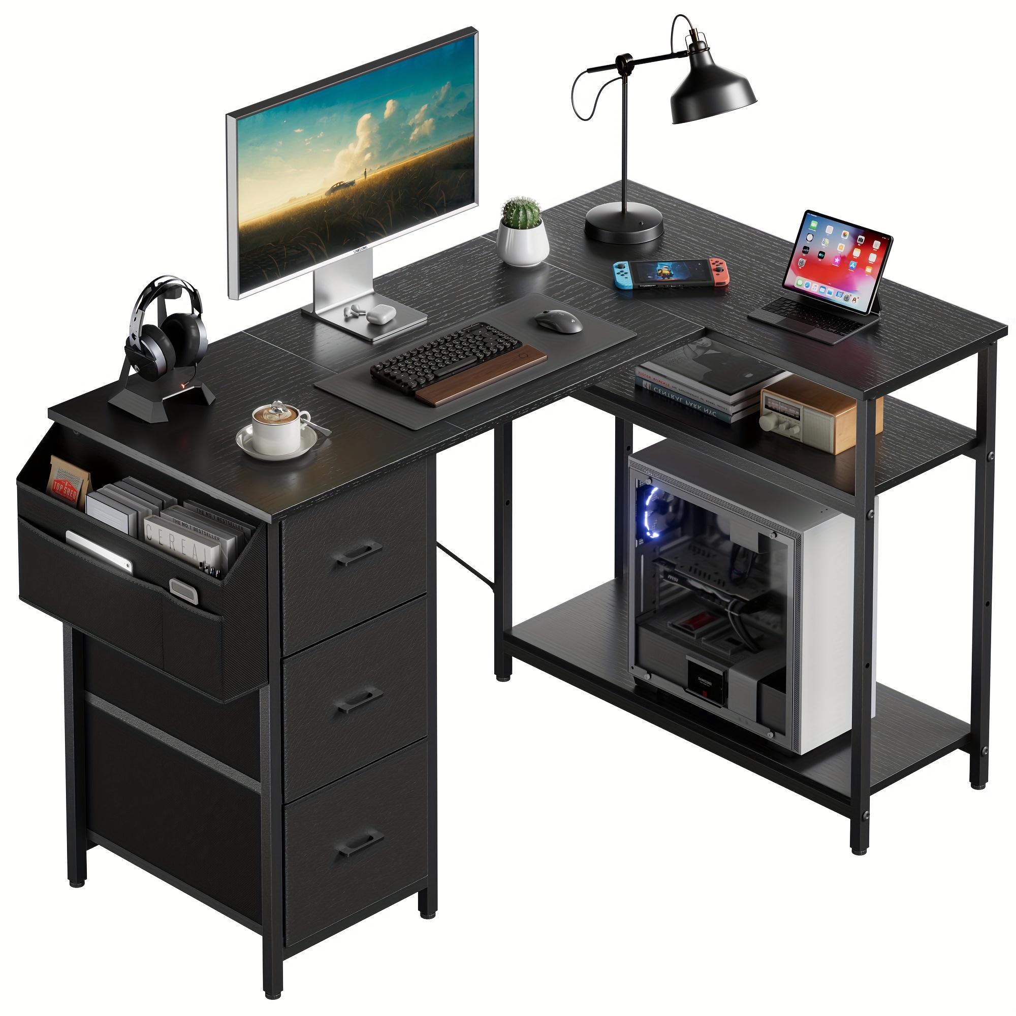 47/55inch 3 fabric drawers l shaped gaming desk for storage space saving for home office desk with a cpu stand, computer desk with side storage pockets for home corner space, easy to assemble, work & game setup station sturdy wooden structure