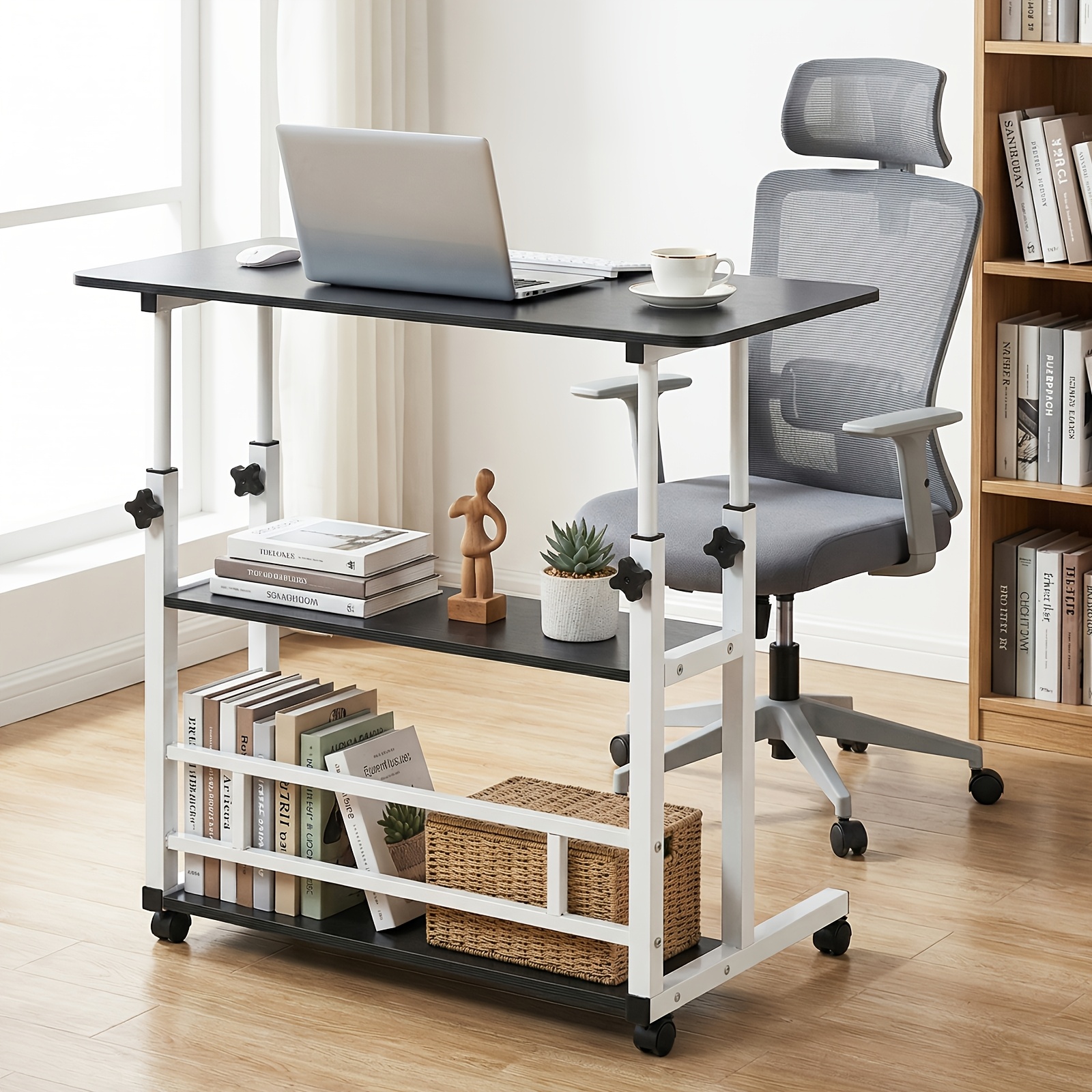 adjustable height standing desk, mobile desk with universal wheels, double layer storage, stable and comfortable, 40 x 80cm study table, sturdy and durable, easy to assemble, suitable for home office
