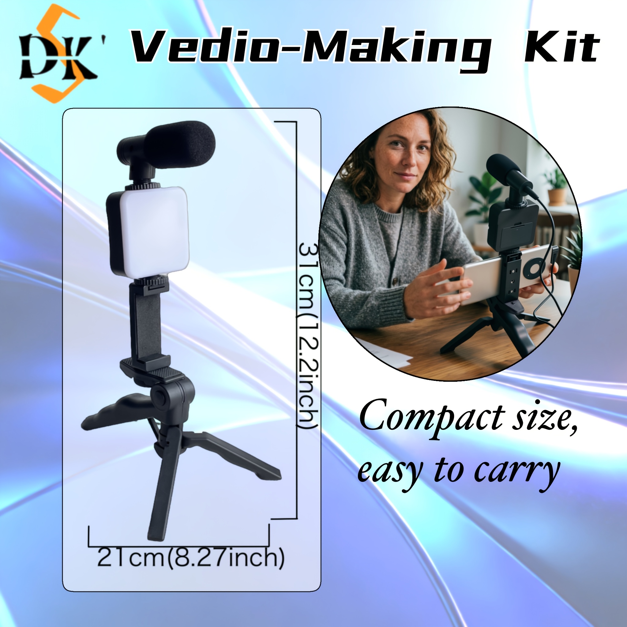 vlogging kit with tripod, mini led video light, microphone, portable live streaming setup, compatible with cameras and mobile devices for video conference calls, vlogging, , instagram, and tiktok.