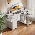 47/55inch 3 fabric drawers l shaped gaming desk for storage space saving for home office desk with a cpu stand, computer desk with side storage pockets for home corner space, easy to assemble, work & game setup station sturdy wooden structure