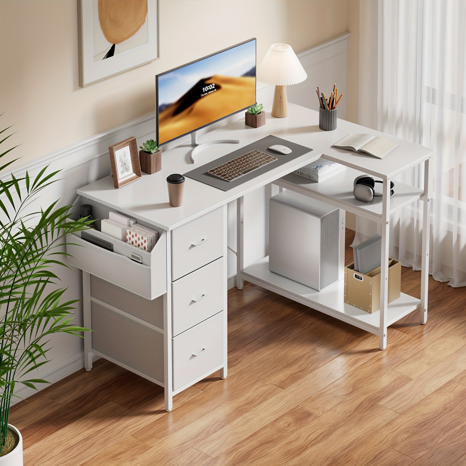 47/55inch 3 fabric drawers l shaped gaming desk for storage space saving for home office desk with a cpu stand, computer desk with side storage pockets for home corner space, easy to assemble, work & game setup station sturdy wooden structure