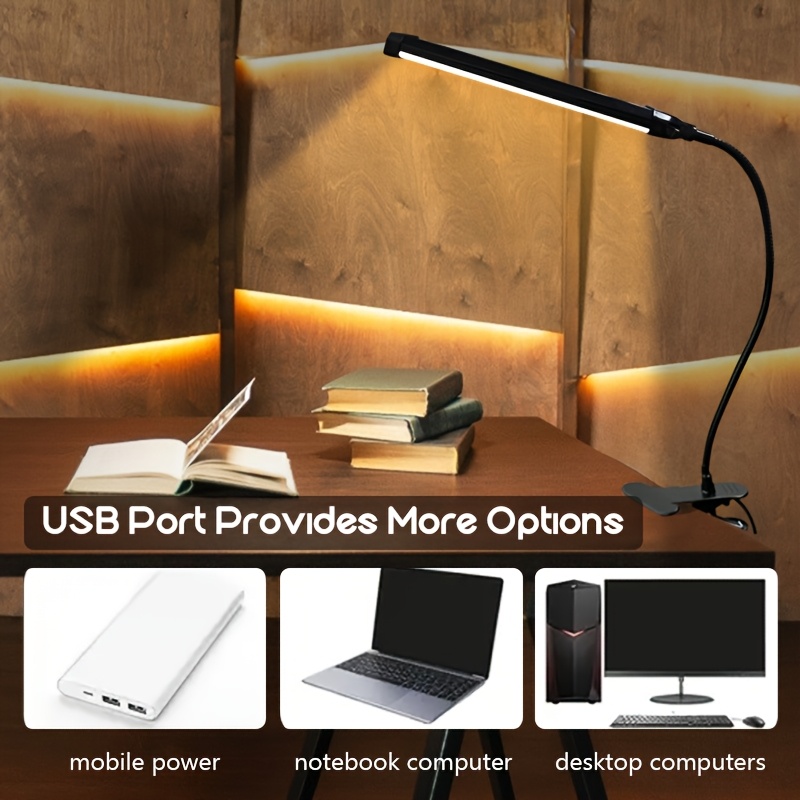 96led table lamp, desk lamp, usb powered clip on led reading light flexible gooseneck design, 3 color modes, adjustable brightness, suitable for reading, video calling, home office, bedside, and handicrafts