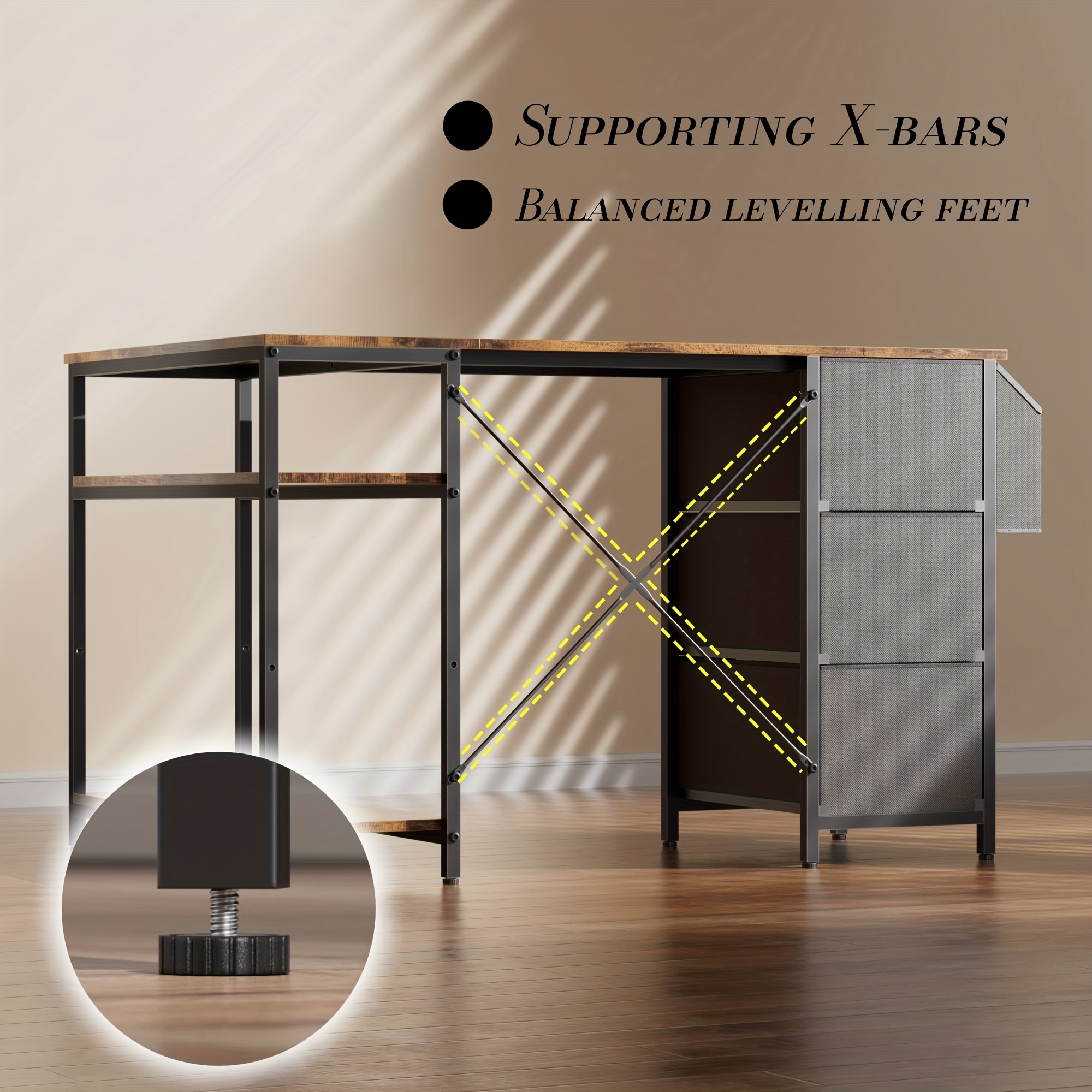 47/55inch 3 fabric drawers l shaped gaming desk for storage space saving for home office desk with a cpu stand, computer desk with side storage pockets for home corner space, easy to assemble, work & game setup station sturdy wooden structure
