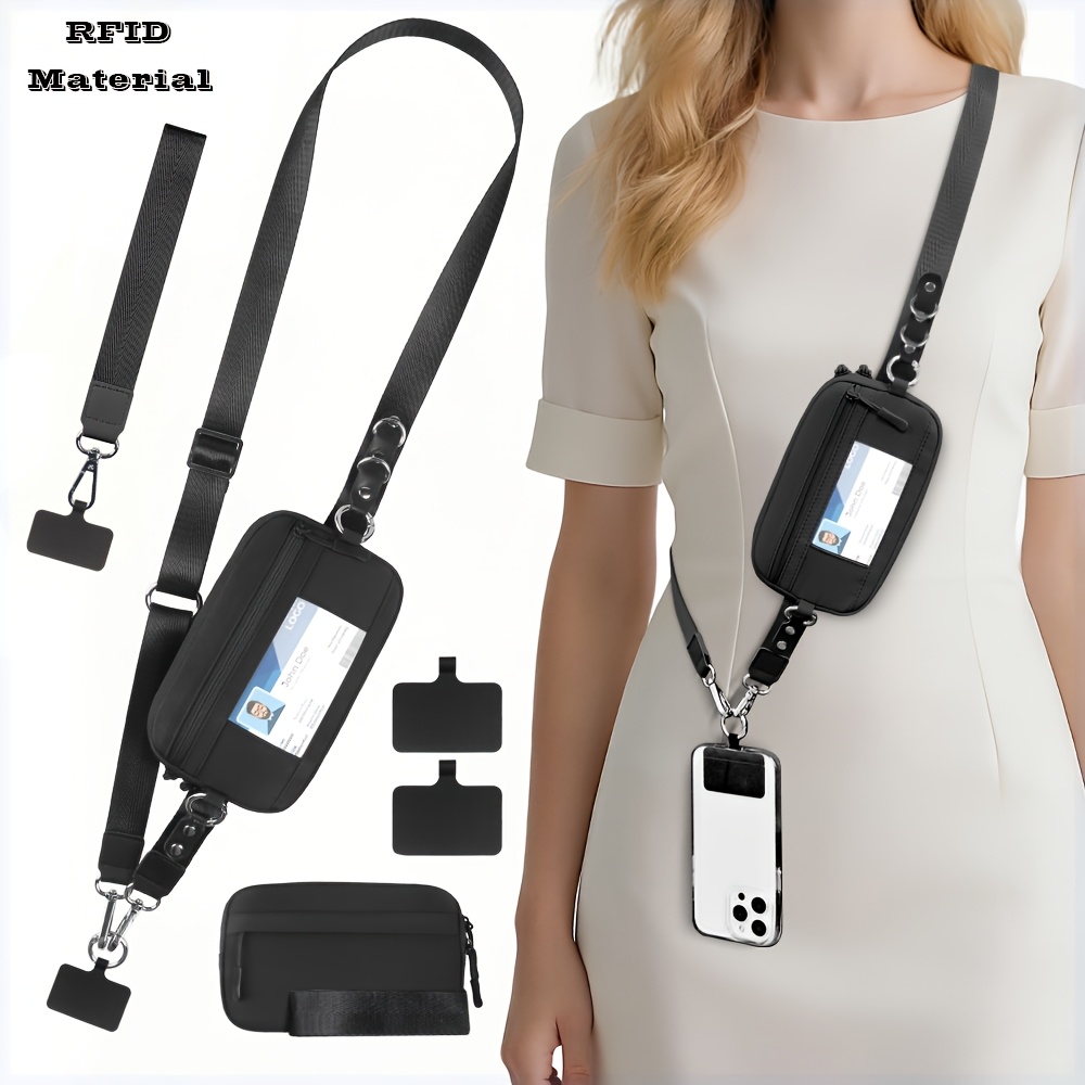 2pcs rfid clip and go strap for phone with wallet crossbody phone lanyard | includes wrist strap and zippered anti theft pocket, suitable for everyday travel, universal multi functional mobile phone lanyard, compatible with most smartphones