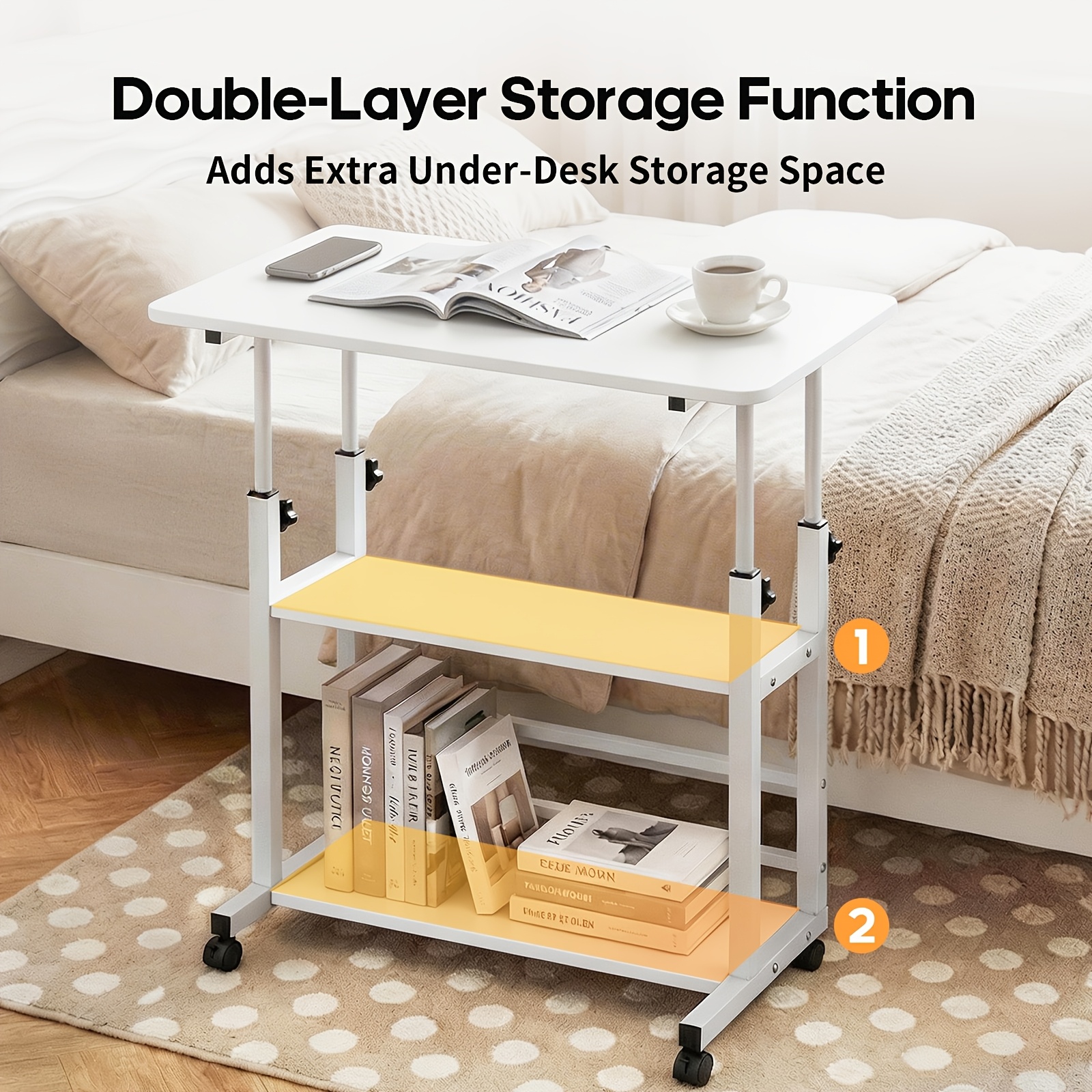adjustable height standing desk, mobile desk with universal wheels, double layer storage, stable and comfortable, 40 x 80cm study table, sturdy and durable, easy to assemble, suitable for home office