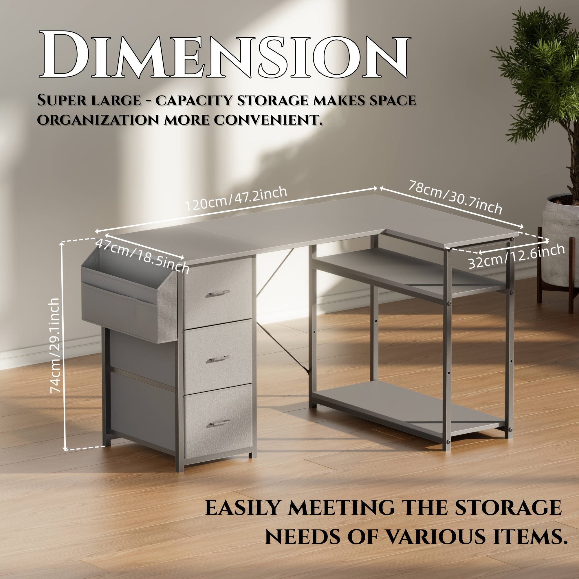 47/55inch 3 fabric drawers l shaped gaming desk for storage space saving for home office desk with a cpu stand, computer desk with side storage pockets for home corner space, easy to assemble, work & game setup station sturdy wooden structure