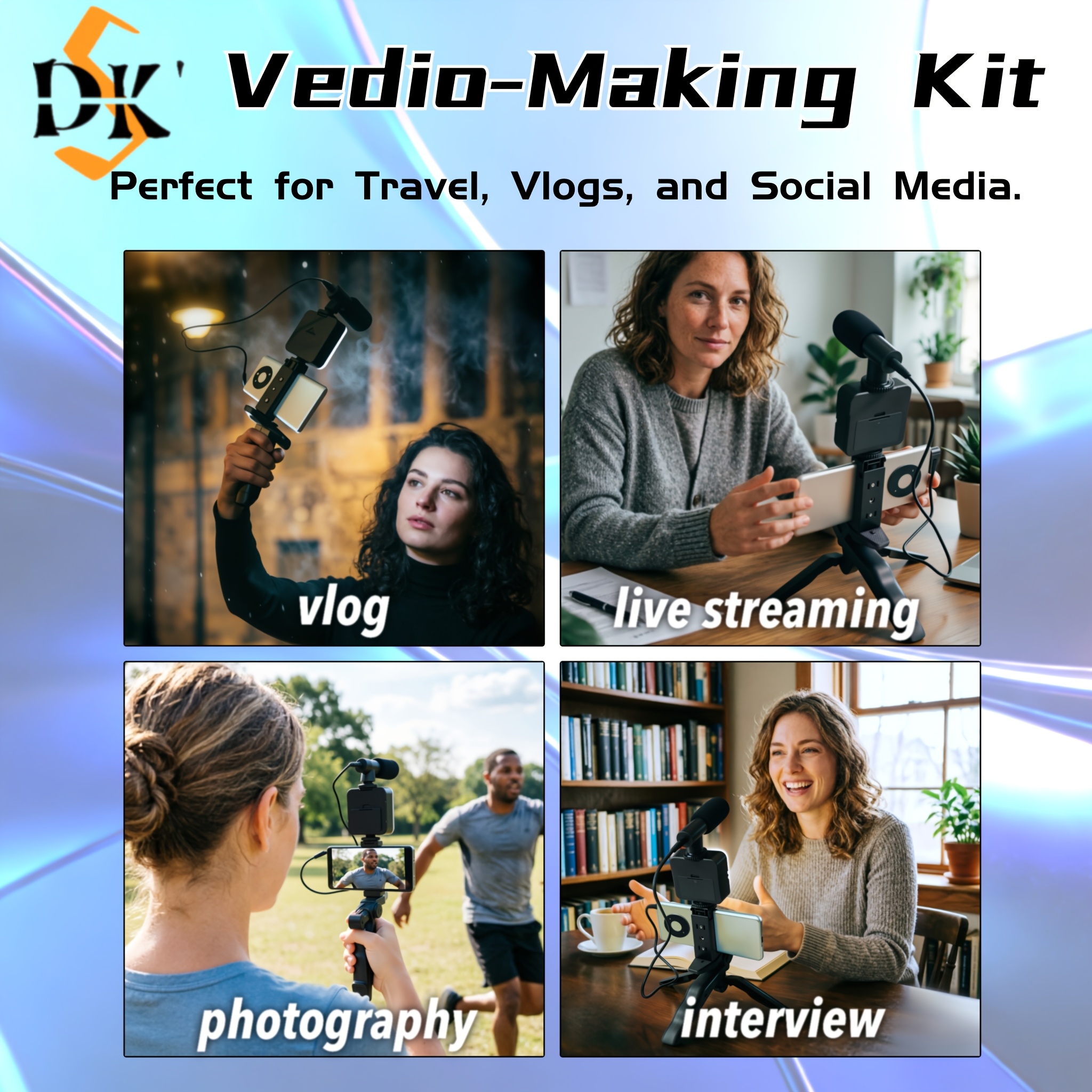 vlogging kit with tripod, mini led video light, microphone, portable live streaming setup, compatible with cameras and mobile devices for video conference calls, vlogging, , instagram, and tiktok.