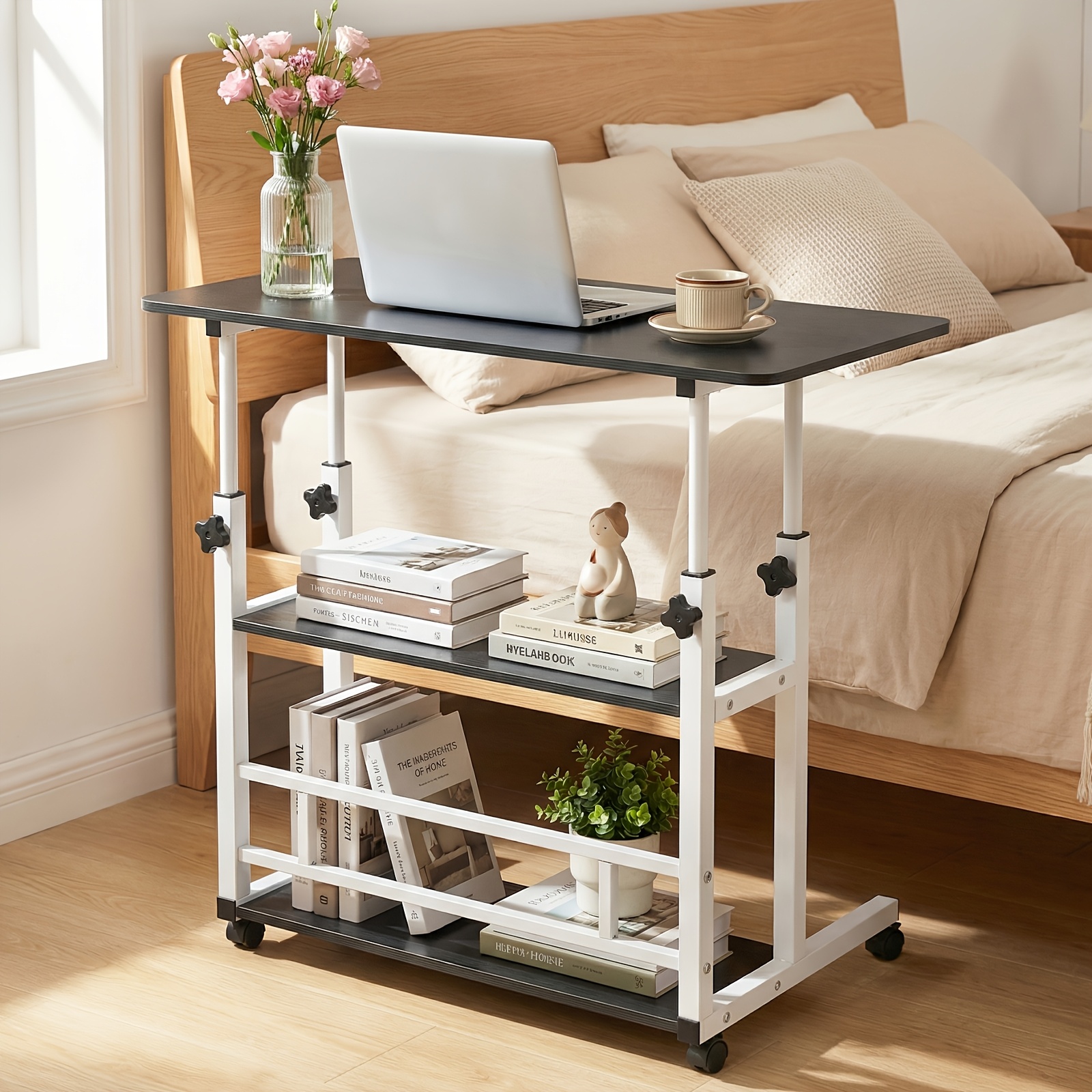 adjustable height standing desk, mobile desk with universal wheels, double layer storage, stable and comfortable, 40 x 80cm study table, sturdy and durable, easy to assemble, suitable for home office