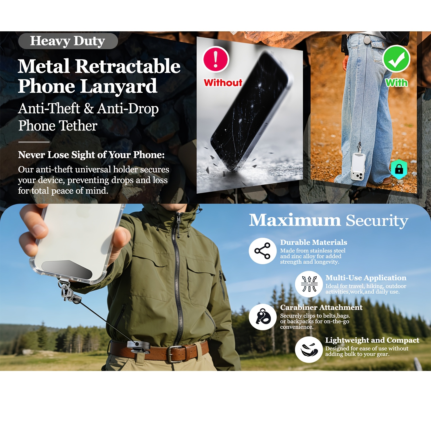 retractable cell phone lanyard, heavy duty metal anti theft phone tether with belt clip carabiner, universal anchor