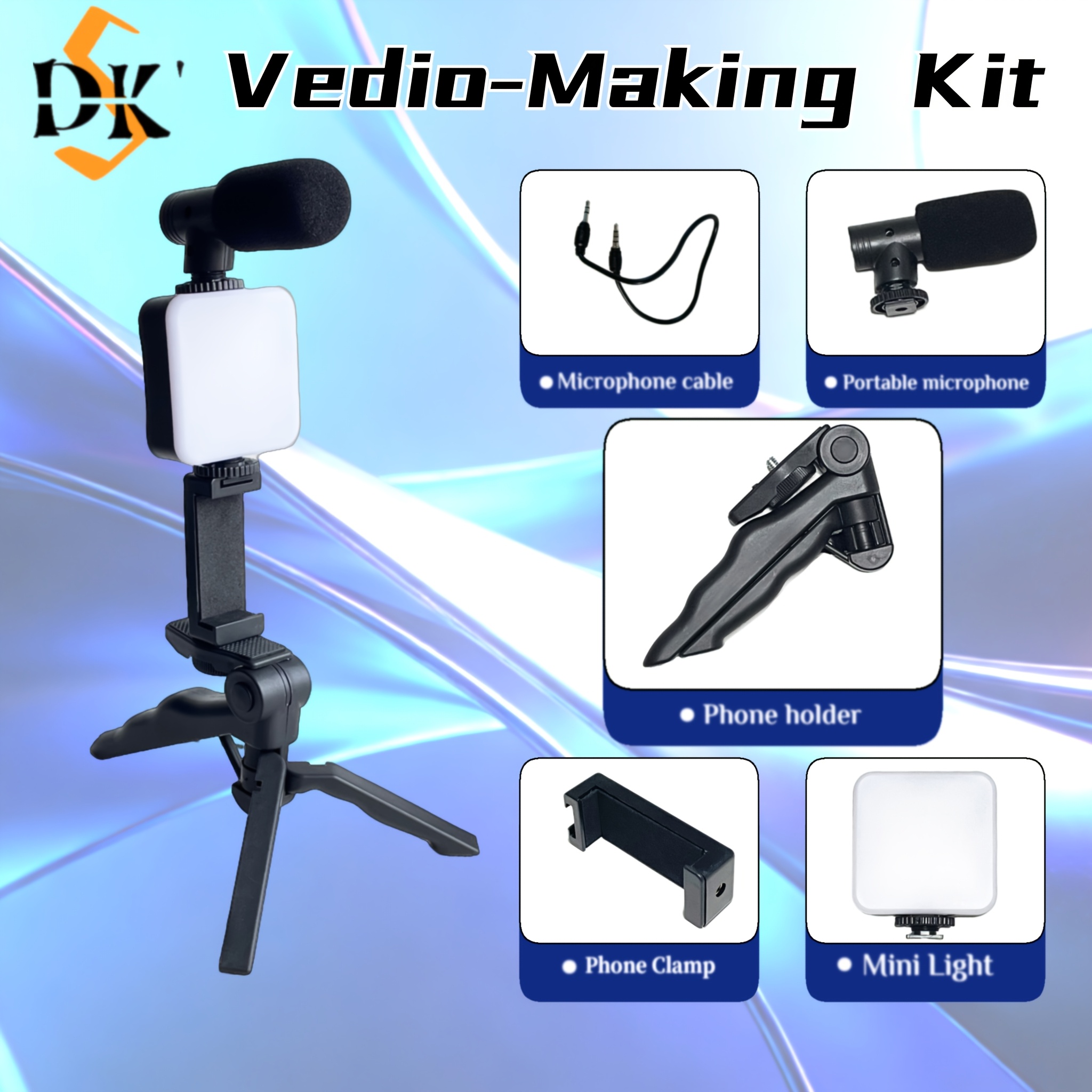 vlogging kit with tripod, mini led video light, microphone, portable live streaming setup, compatible with cameras and mobile devices for video conference calls, vlogging, , instagram, and tiktok.