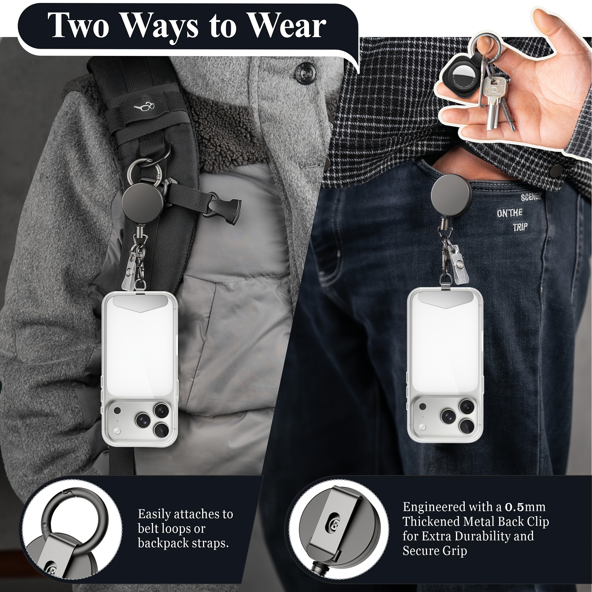 retractable cell phone lanyard, heavy duty metal anti theft phone tether with belt clip carabiner, universal anchor
