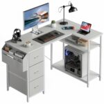 47/55inch 3 fabric drawers l shaped gaming desk for storage space saving for home office desk with a cpu stand, computer desk with side storage pockets for home corner space, easy to assemble, work & game setup station sturdy wooden structure