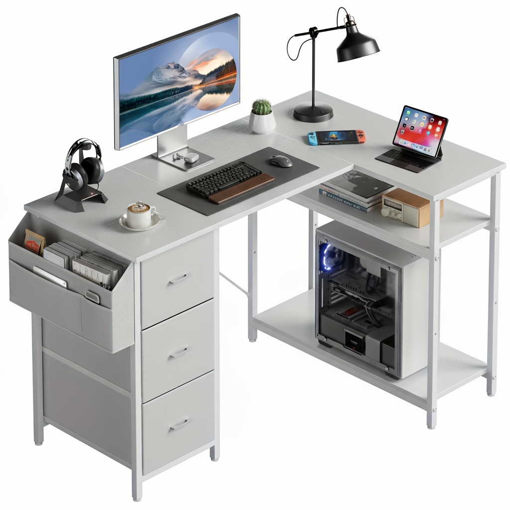 47/55inch 3 fabric drawers l shaped gaming desk for storage space saving for home office desk with a cpu stand, computer desk with side storage pockets for home corner space, easy to assemble, work & game setup station sturdy wooden structure