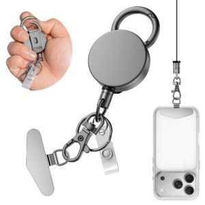 retractable cell phone lanyard, heavy duty metal anti theft phone tether with belt clip carabiner, universal anchor