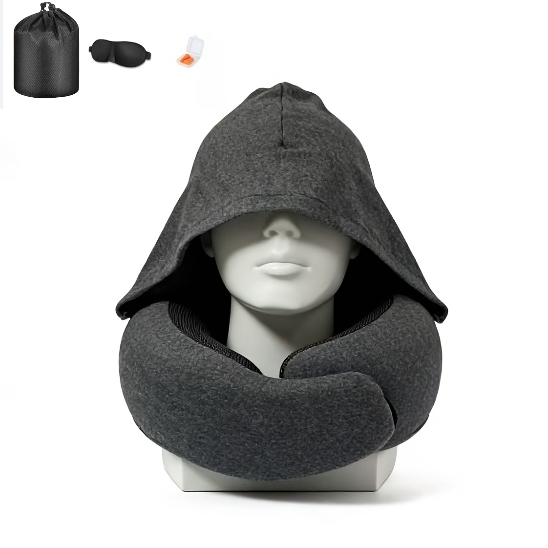 2 in 1 comfort set u shape pillow with hood & inflatable lumbar pillow | travel neck support, back relief, polyester satin cover