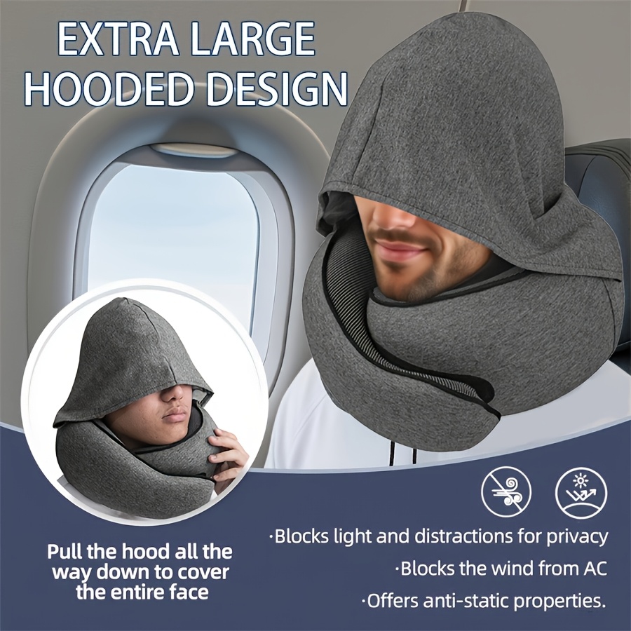 2 in 1 comfort set u shape pillow with hood & inflatable lumbar pillow | travel neck support, back relief, polyester satin cover