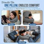 2 in 1 comfort set u shape pillow with hood & inflatable lumbar pillow | travel neck support, back relief, polyester satin cover