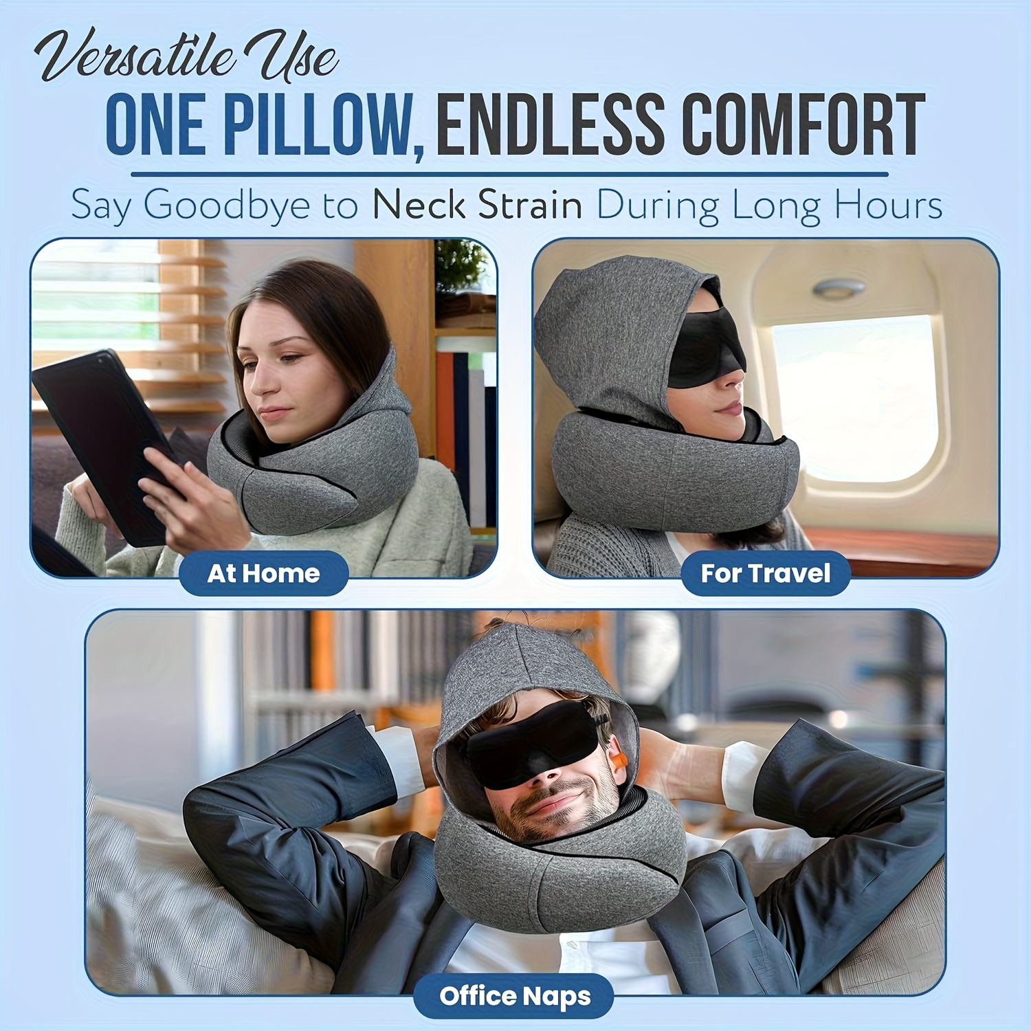 2 in 1 comfort set u shape pillow with hood & inflatable lumbar pillow | travel neck support, back relief, polyester satin cover