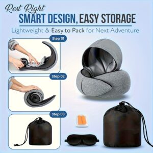 2 in 1 comfort set u shape pillow with hood & inflatable lumbar pillow | travel neck support, back relief, polyester satin cover