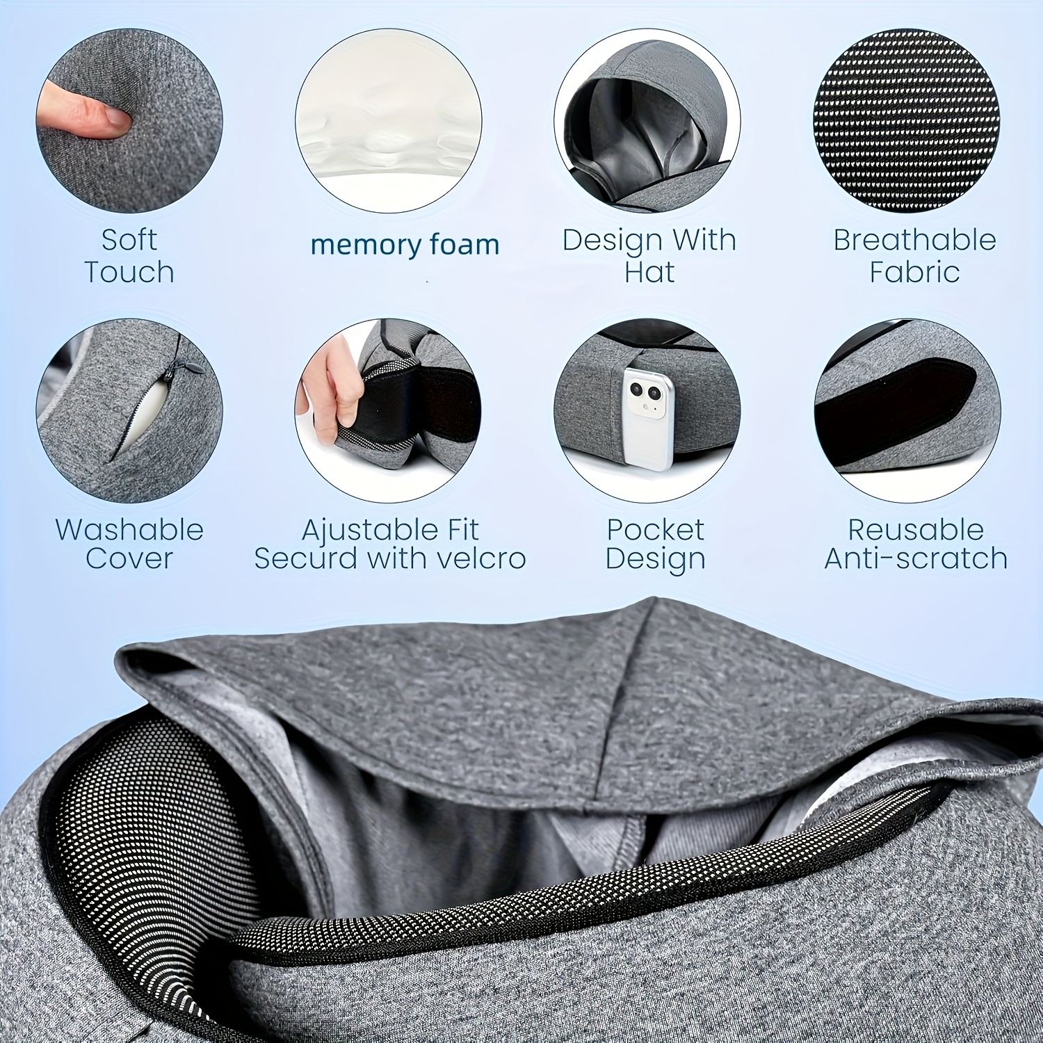 2 in 1 comfort set u shape pillow with hood & inflatable lumbar pillow | travel neck support, back relief, polyester satin cover